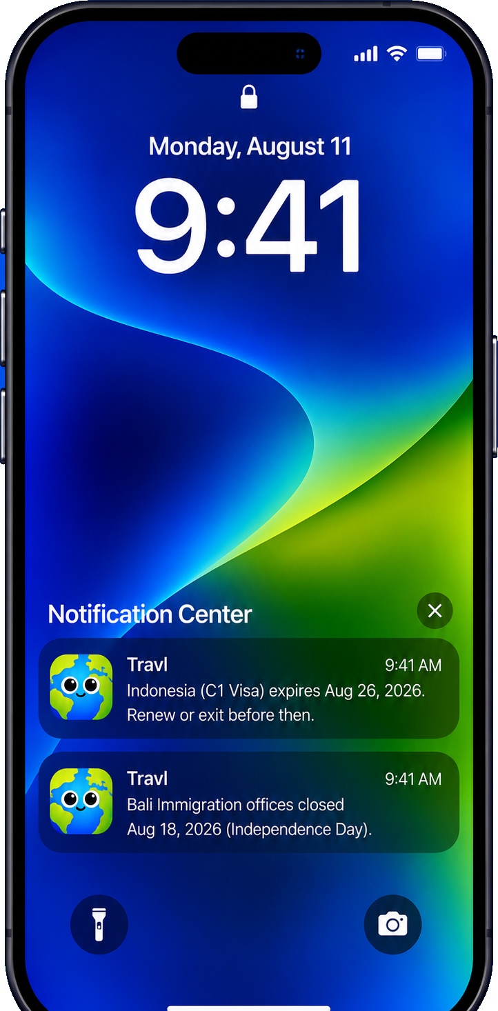 iPhone lock screen with two Travl notifications: an Indonesia visa expiring Aug 26 and Bali immigration offices closed for a public holiday